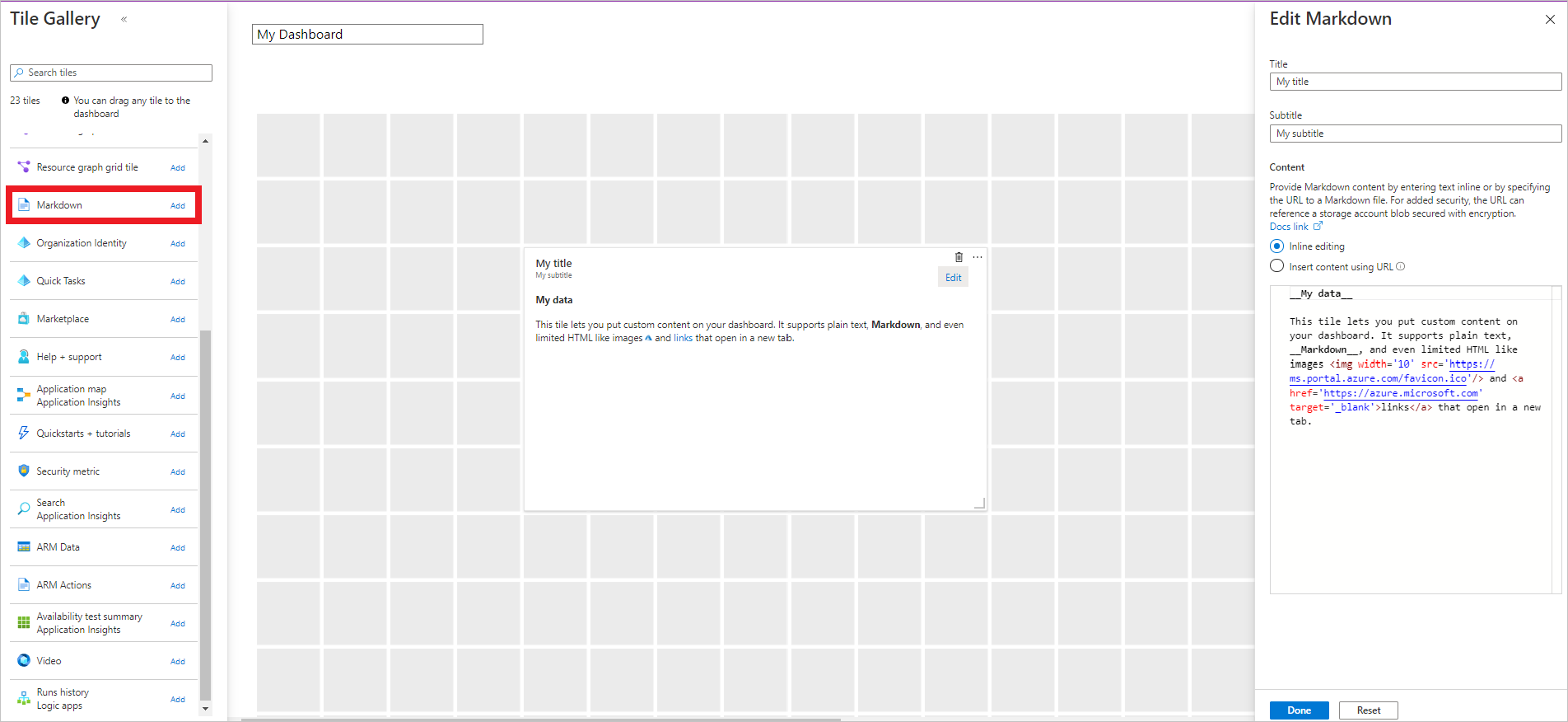 Screenshot that shows the Edit Markdown tile.