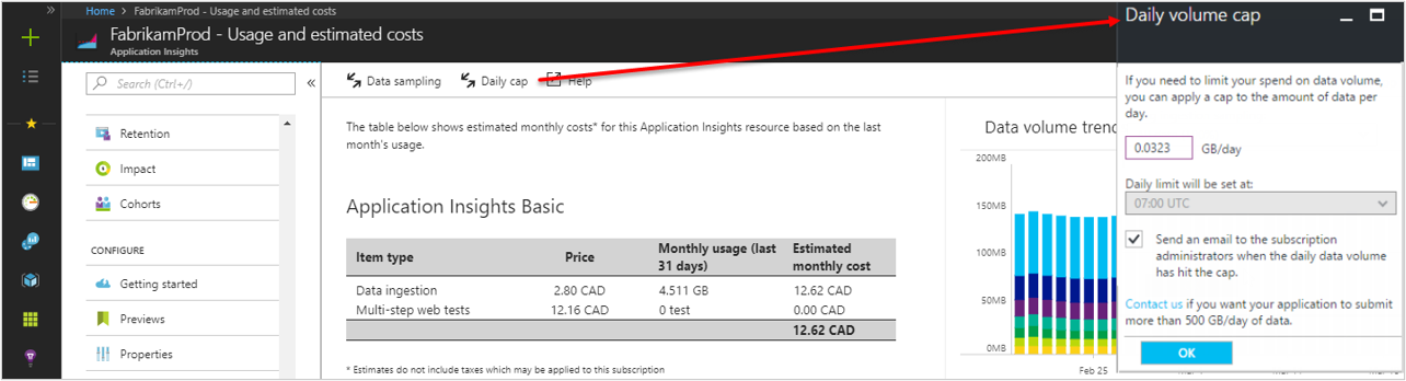 Application Insights configure data limit