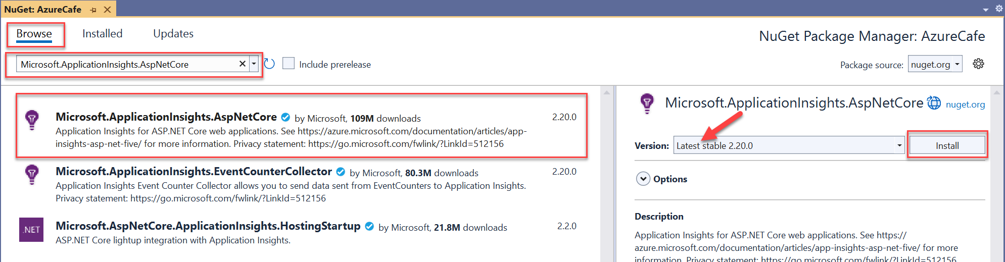 Screenshot of the NuGet Package Manager user interface in Visual Studio.