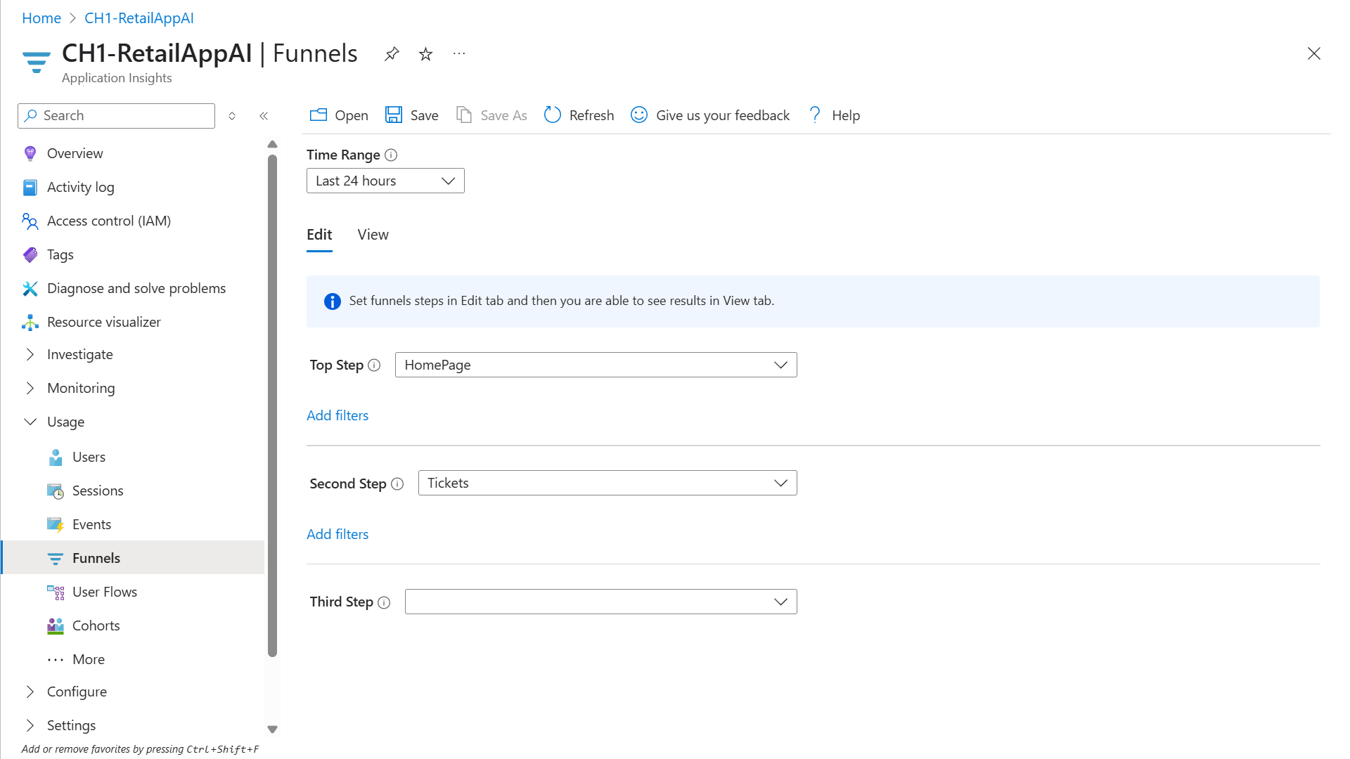Screenshot that shows the Funnel tab and selecting steps on the Edit tab.