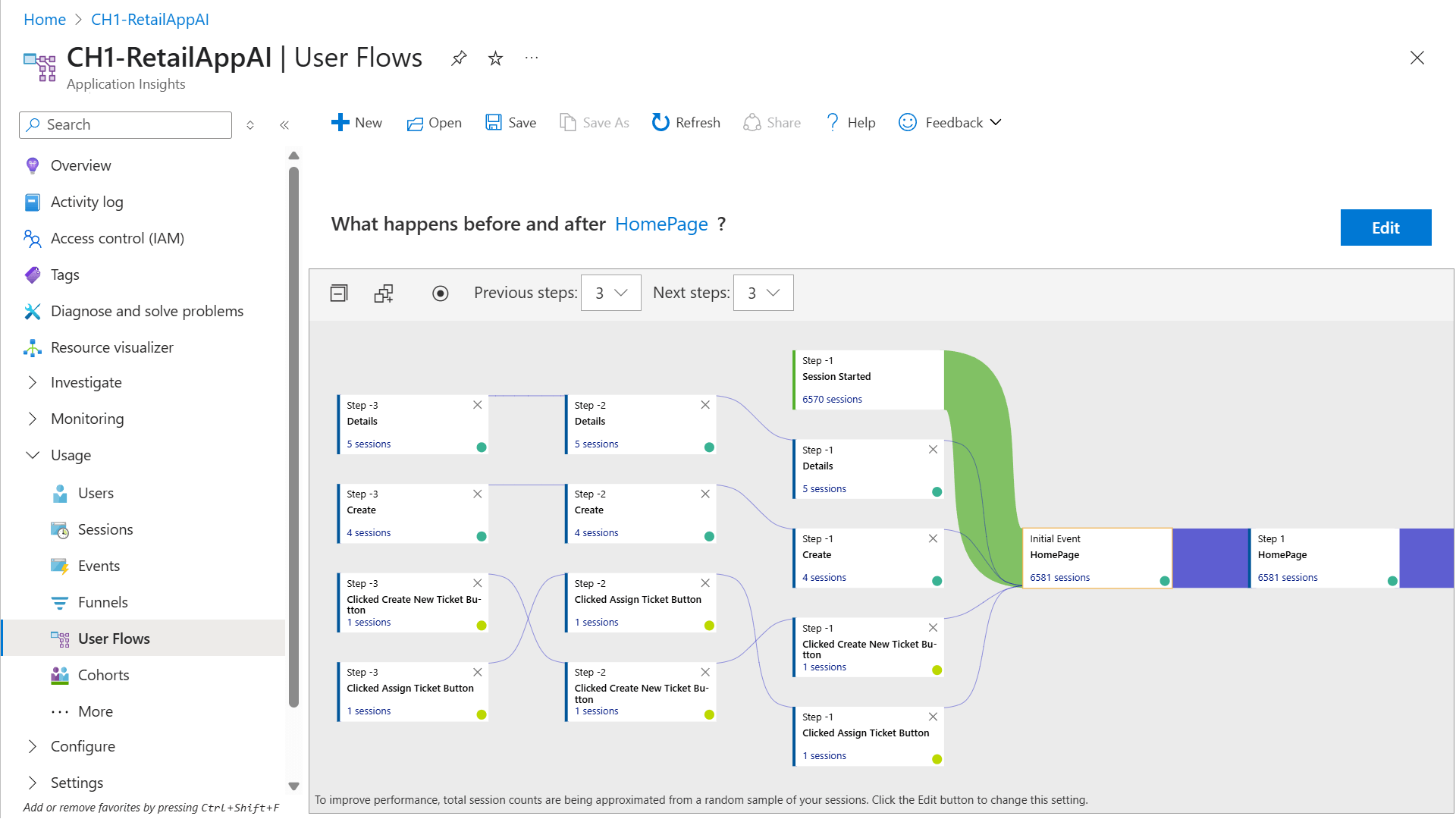 Screenshot that shows the Application Insights User Flows tool.