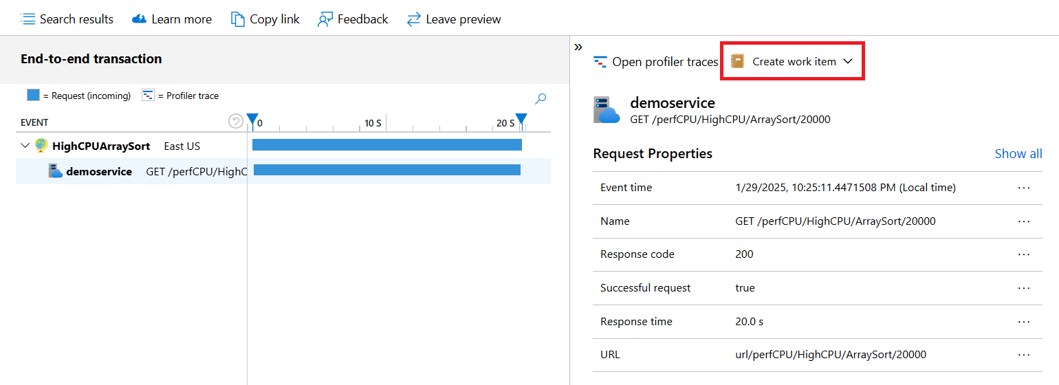 A screenshot of the end-to-end transaction details view with a button to create a work item.