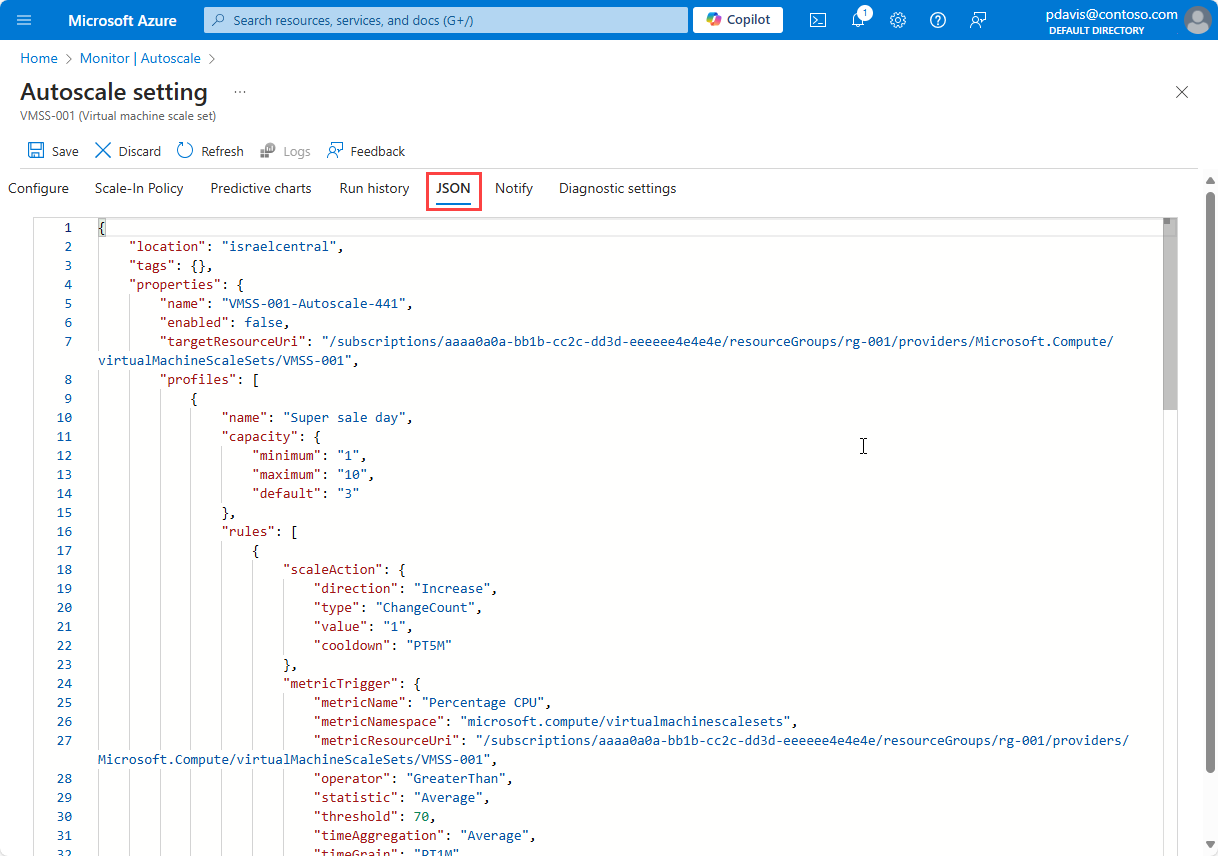 A screenshot showing the autoscale settings JSON tab.
