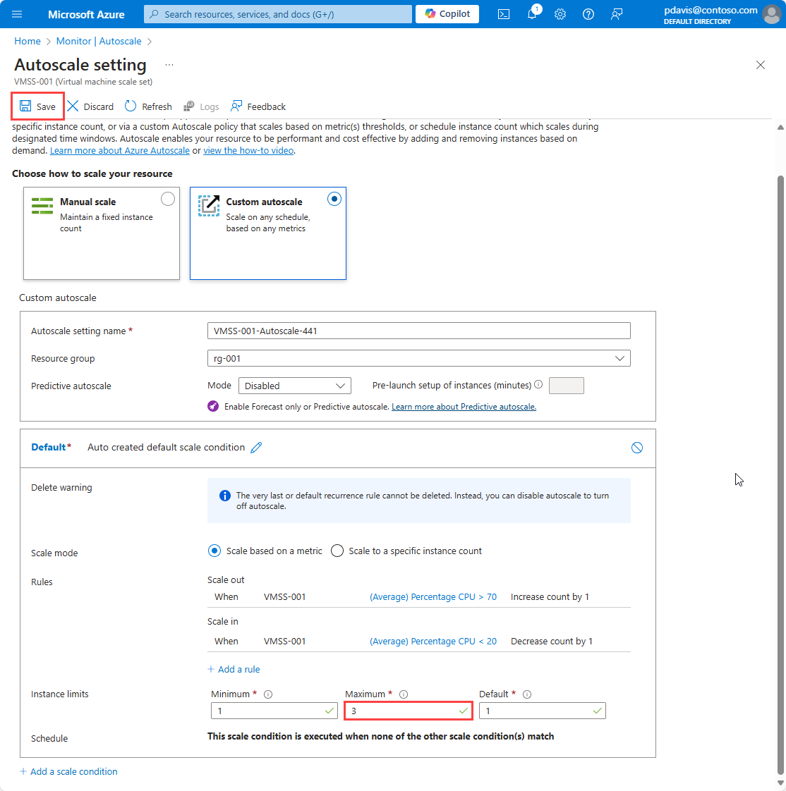 A screenshot showing the configure tab of the autoscale setting page with configured rules.