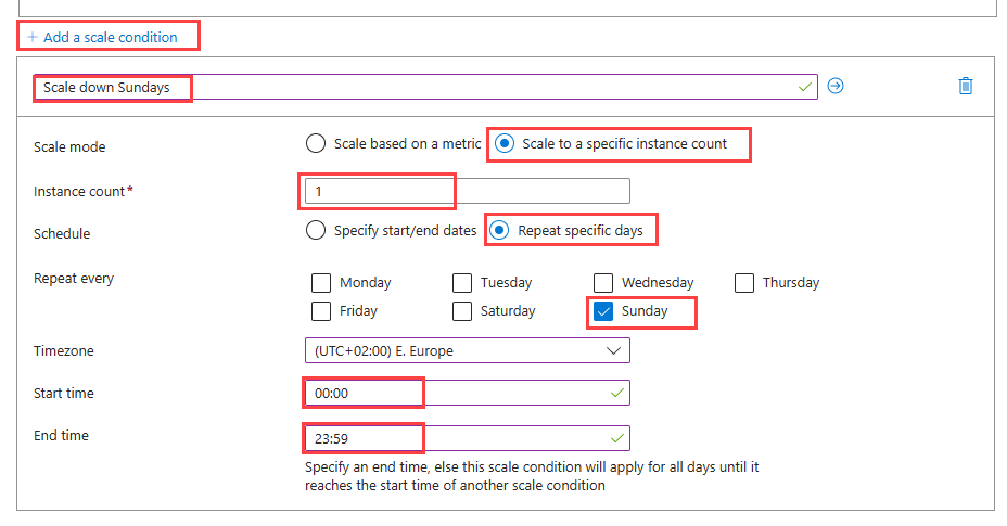 A screenshot showing a scale condition with a repeating schedule.