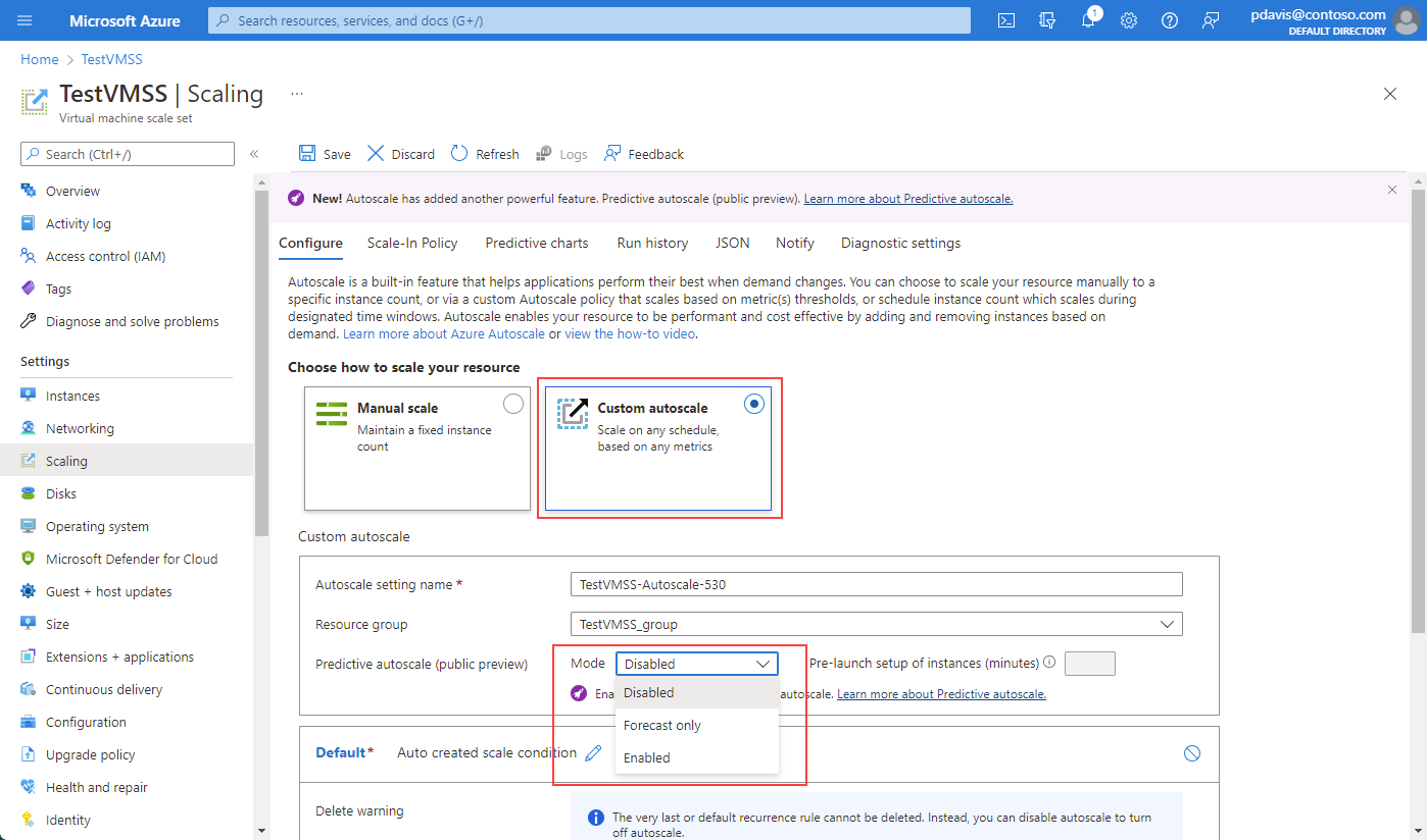 Screenshot that shows selecting Custom autoscale and the Predictive autoscale option in the Azure portal.