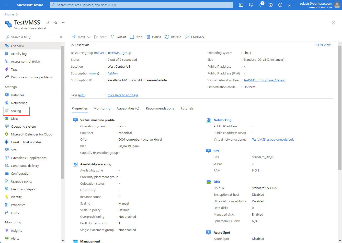 Screenshot that shows selecting Scaling on the left menu in the Azure portal.