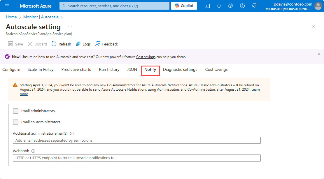 A screenshot showing the notify tab on the autoscale settings page.