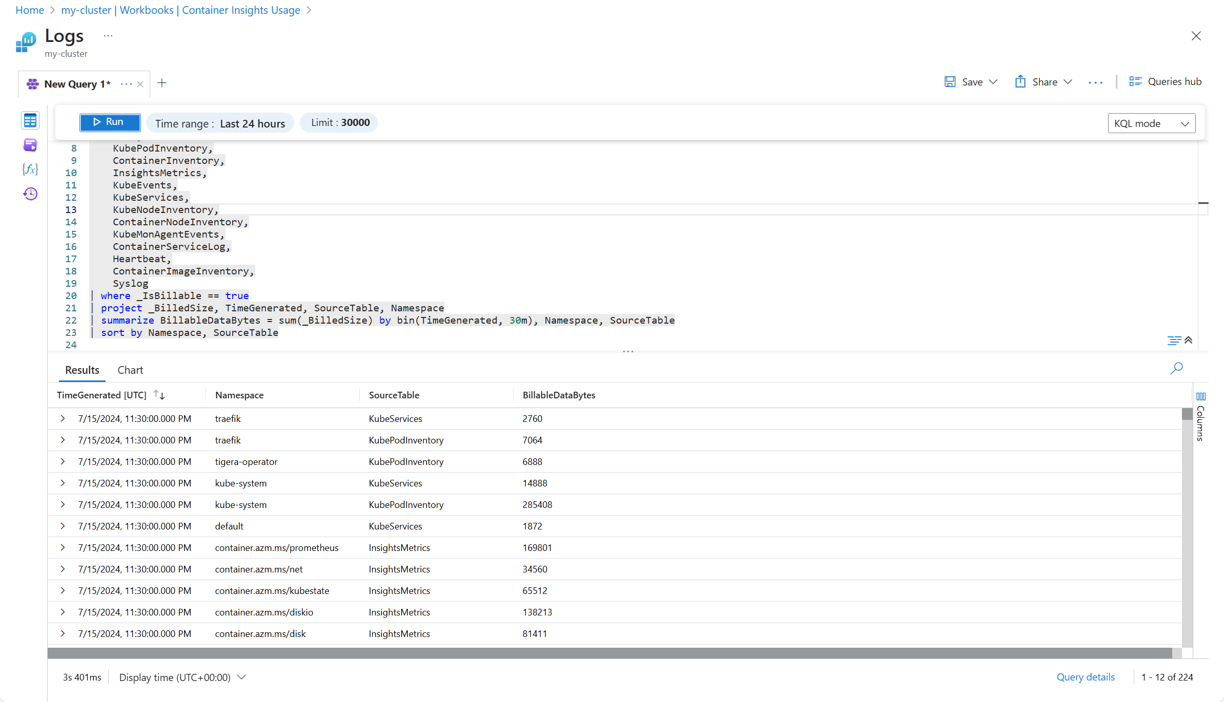 Screenshot that shows a log query that displays usage by namespace and table.