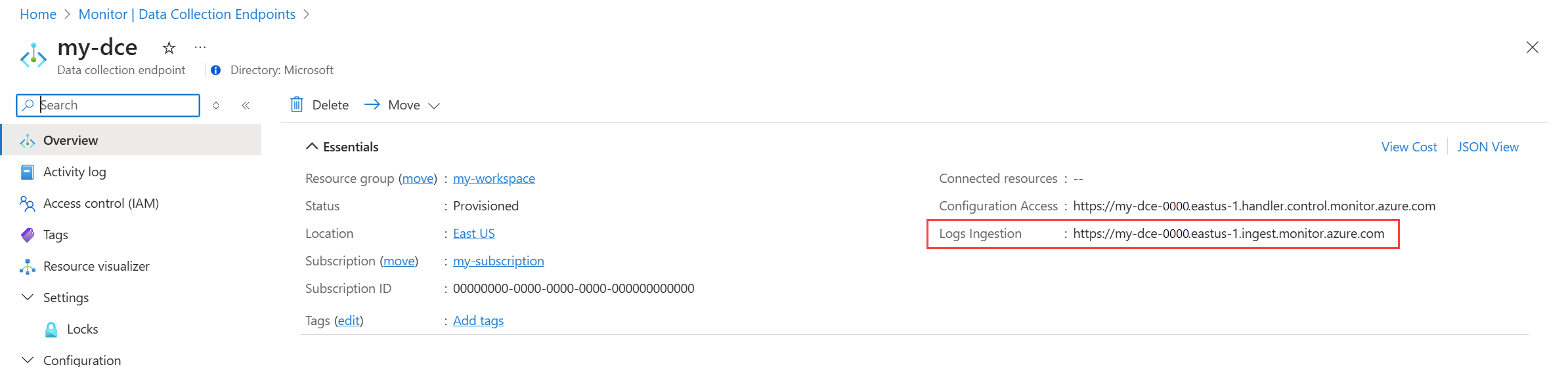 Screenshot of logs ingestion endpoint for DCE.