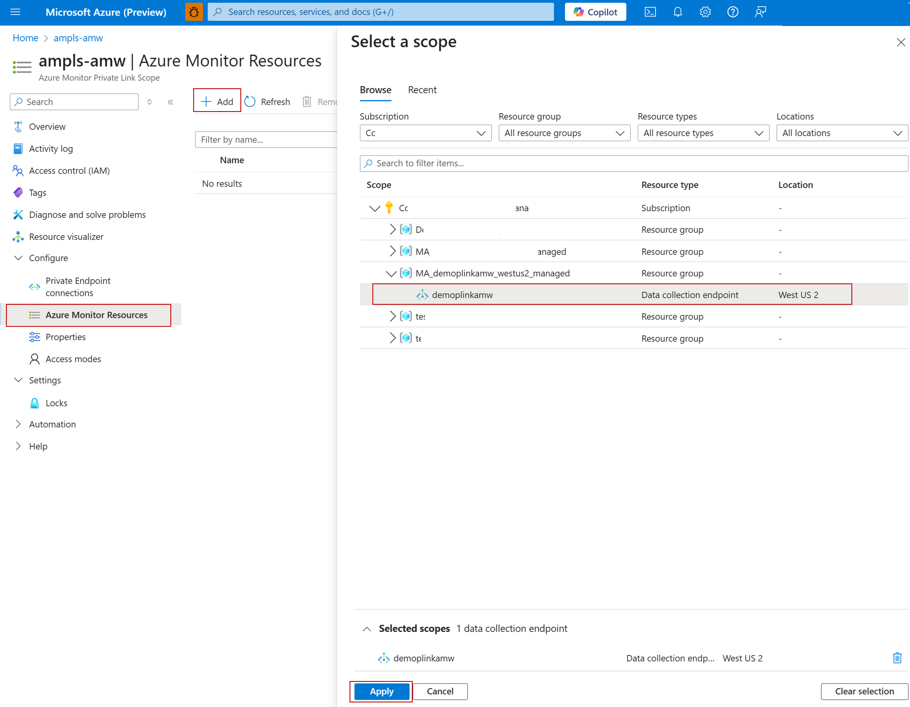 Screenshot showing connection of DCE to the AMPLS.