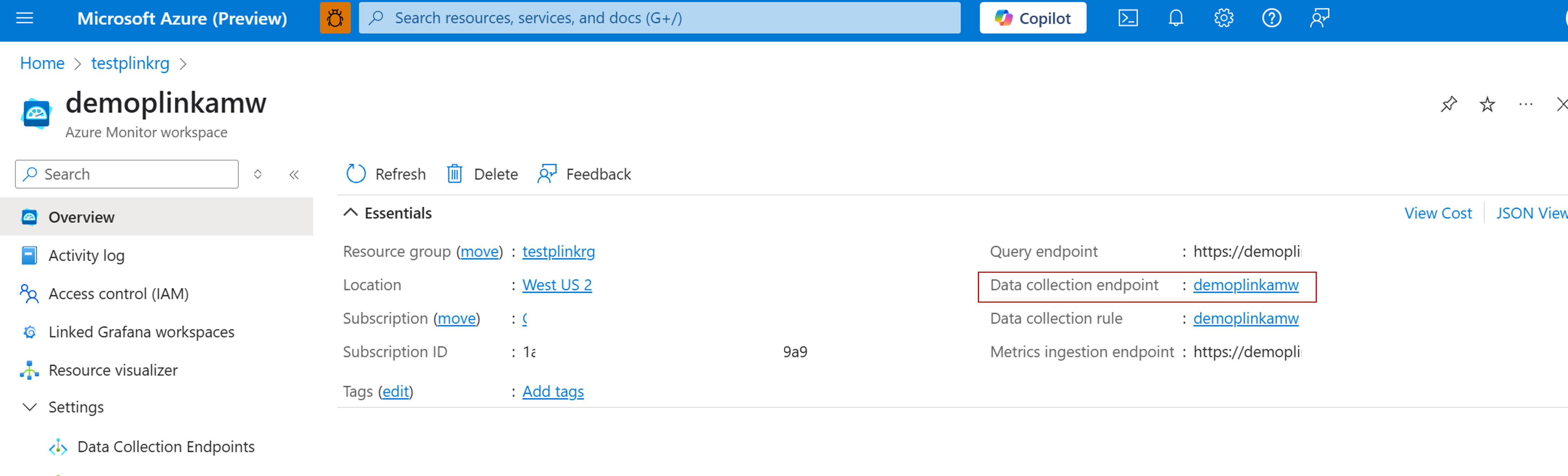 A screenshot showing the data collection endpoints page for an Azure Monitor workspace.