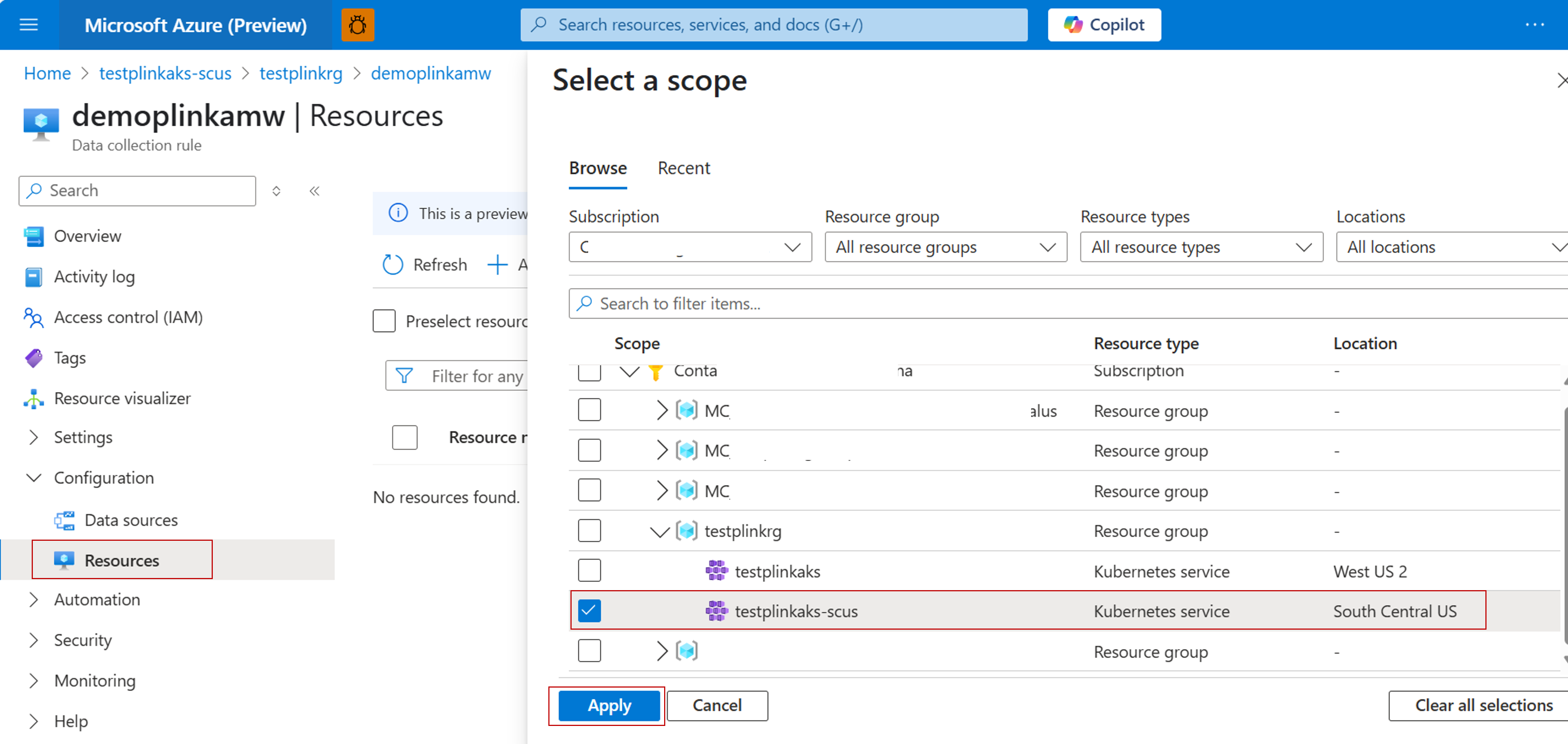 Screenshot showing how to connect AMW DCR to AKS