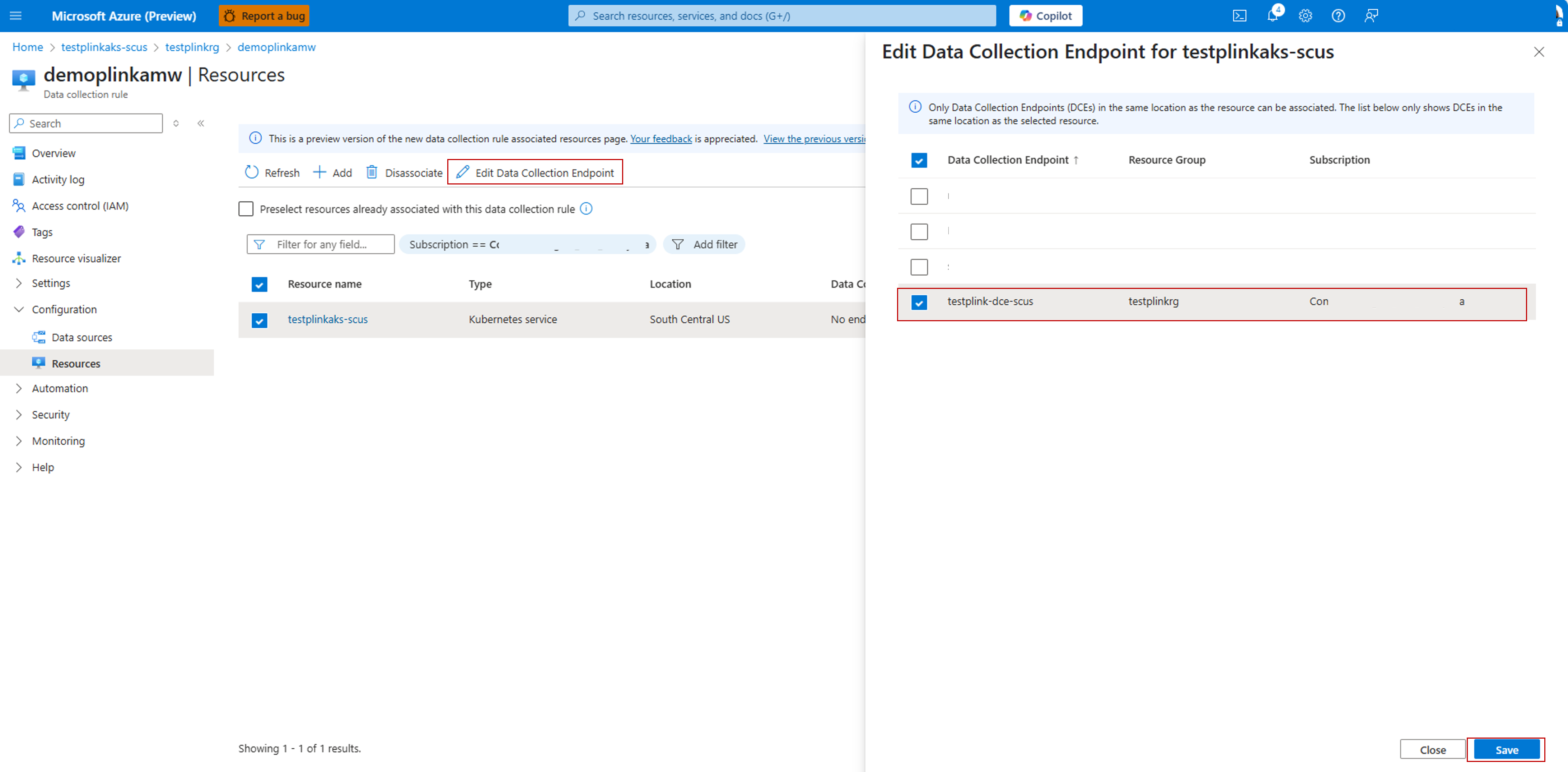 A screenshot showing association of the DCE.