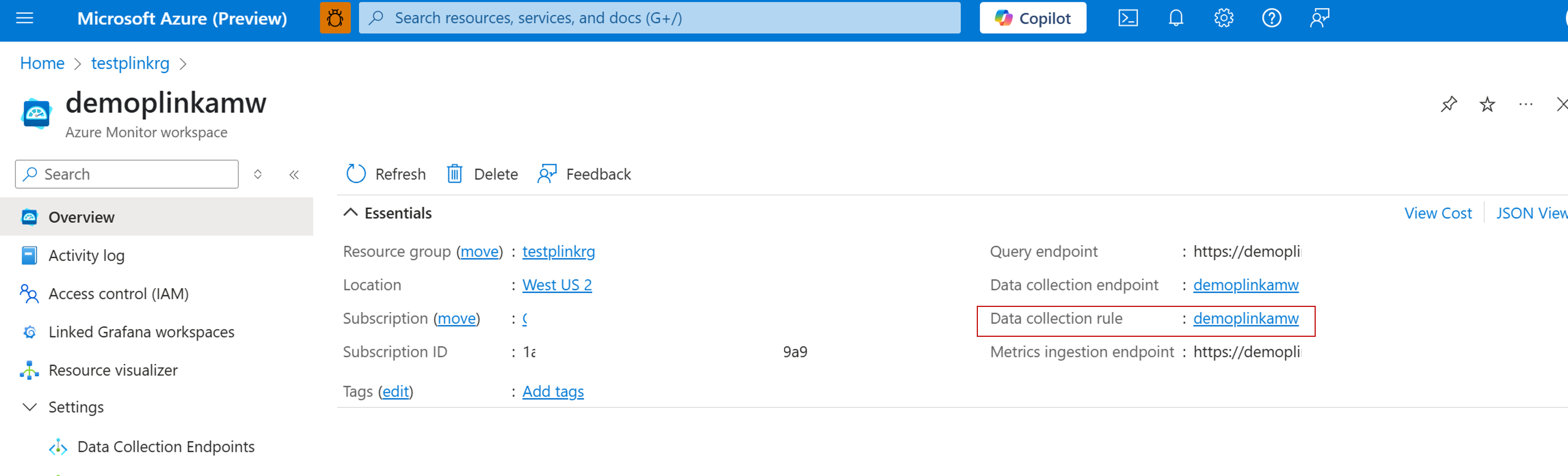 A screenshot show the data collection rule for an Azure Monitor workspace.