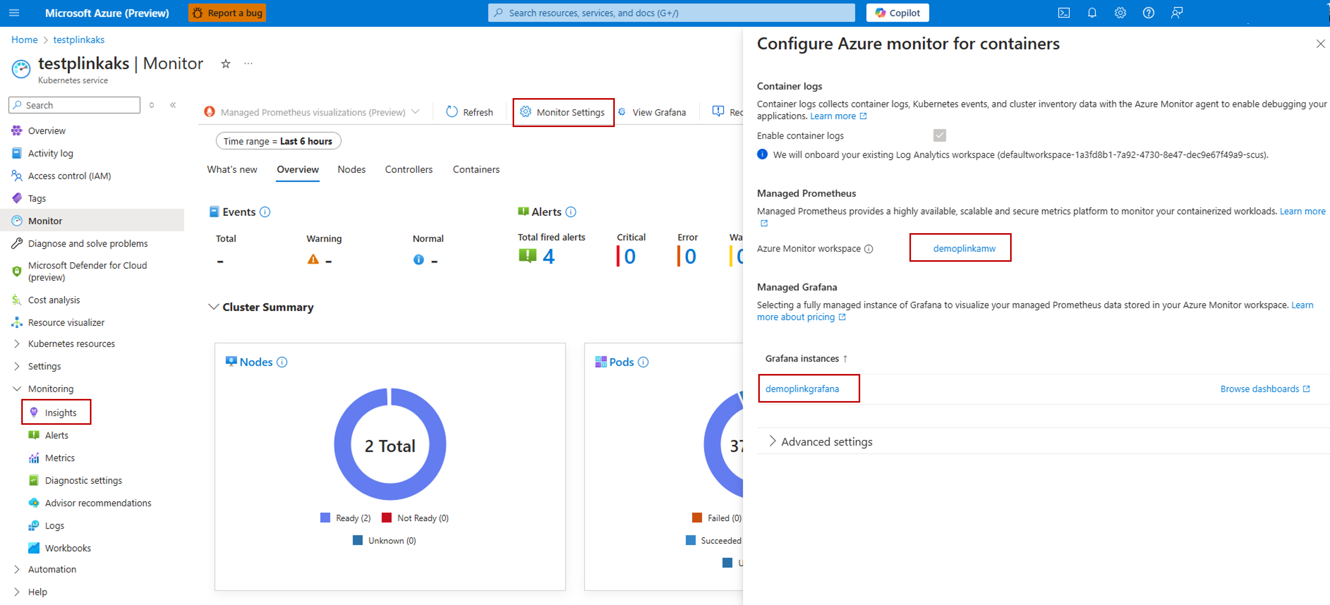 Diagram that shows selections for viewing the Azure Monitor workspace.