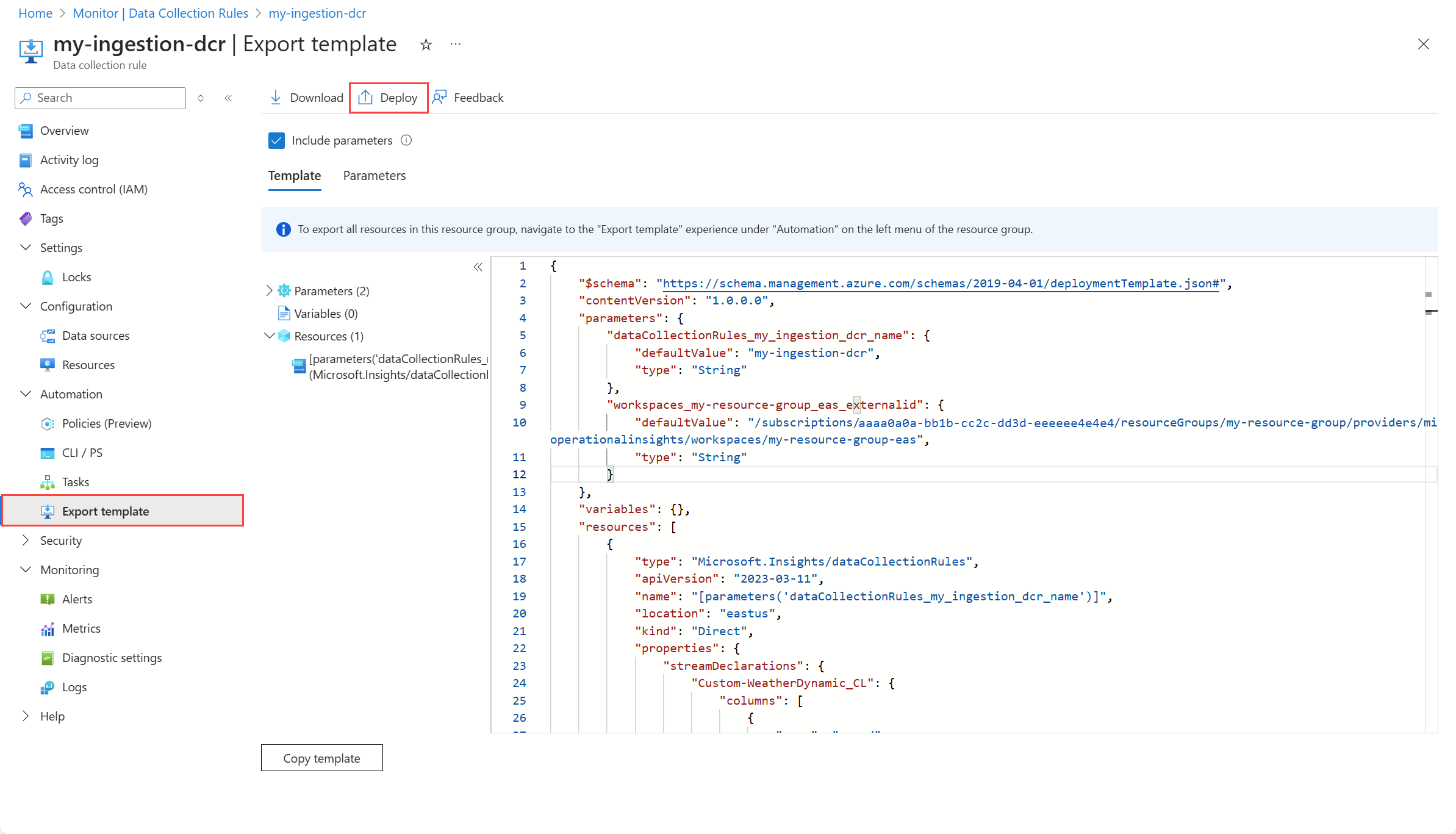 Screenshot that shows the Export template option for a data collection rule in the Azure portal.