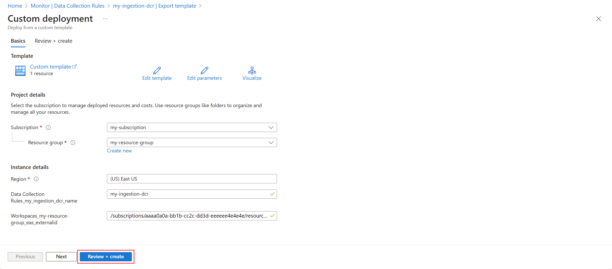 Screenshot that shows the review + create option for a data collection rule in the Azure portal.