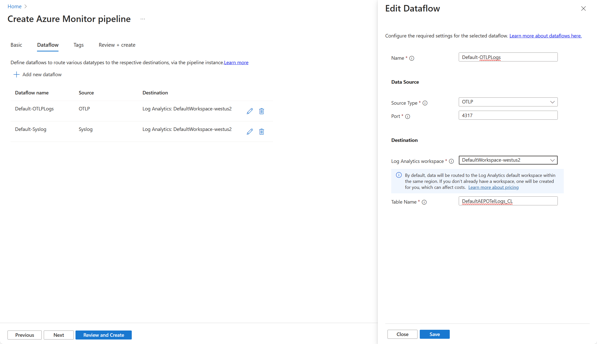 Screenshot of Create add dataflow screen.