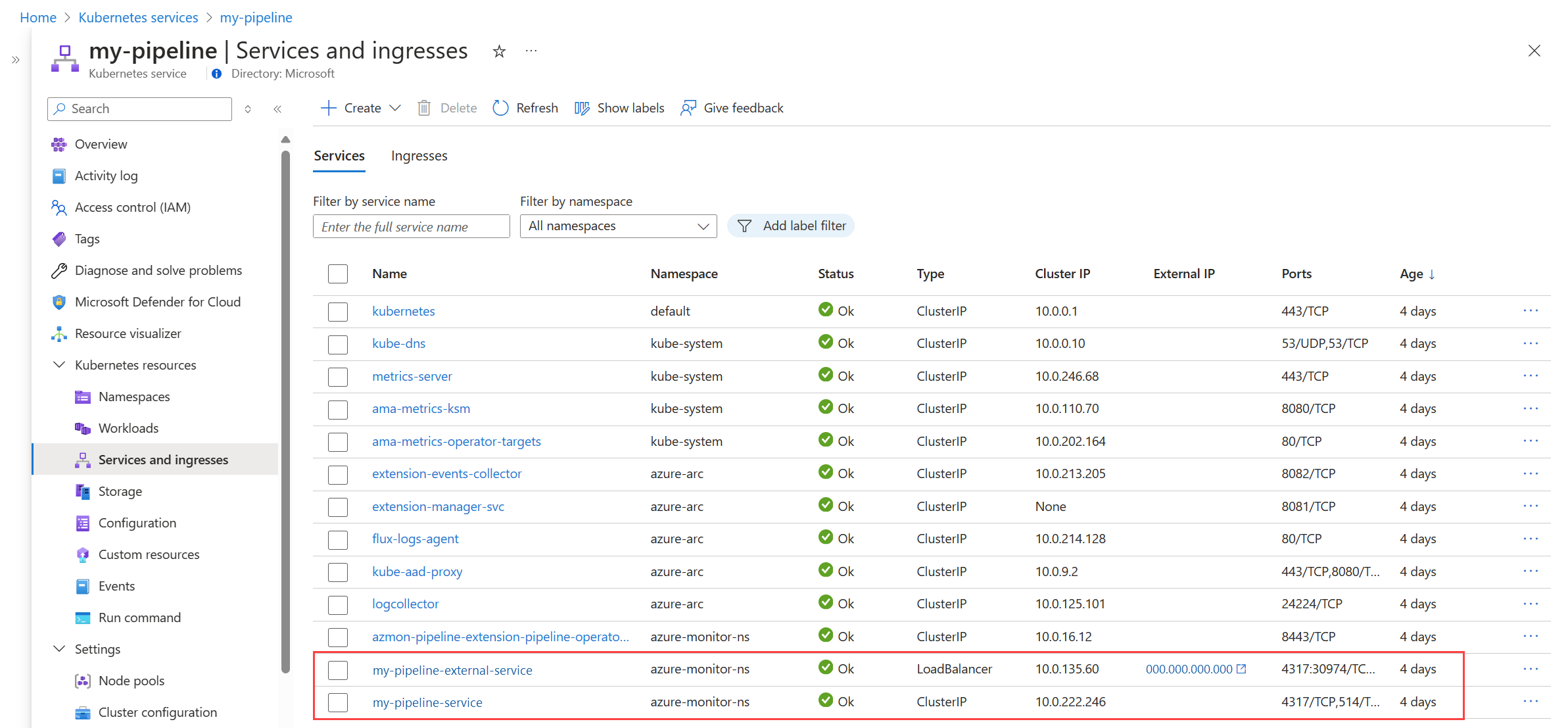 Screenshot of cluster components supporting Azure Monitor pipeline.