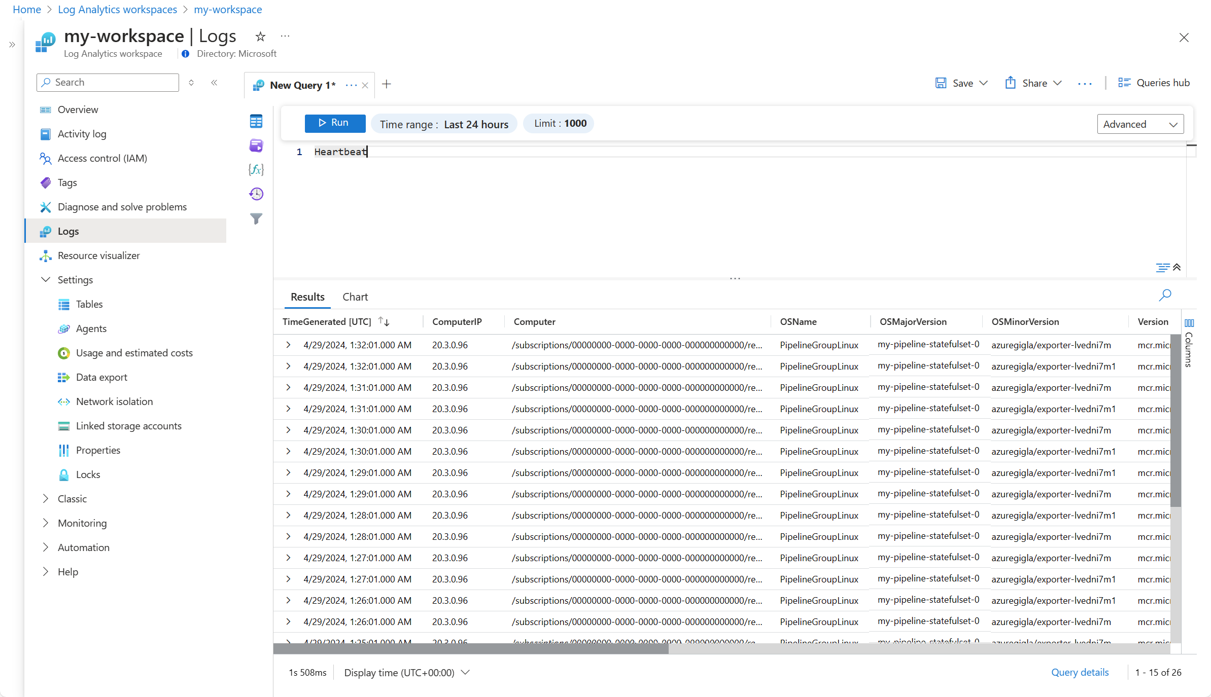 Screenshot of log query that returns heartbeat records for Azure Monitor pipeline.
