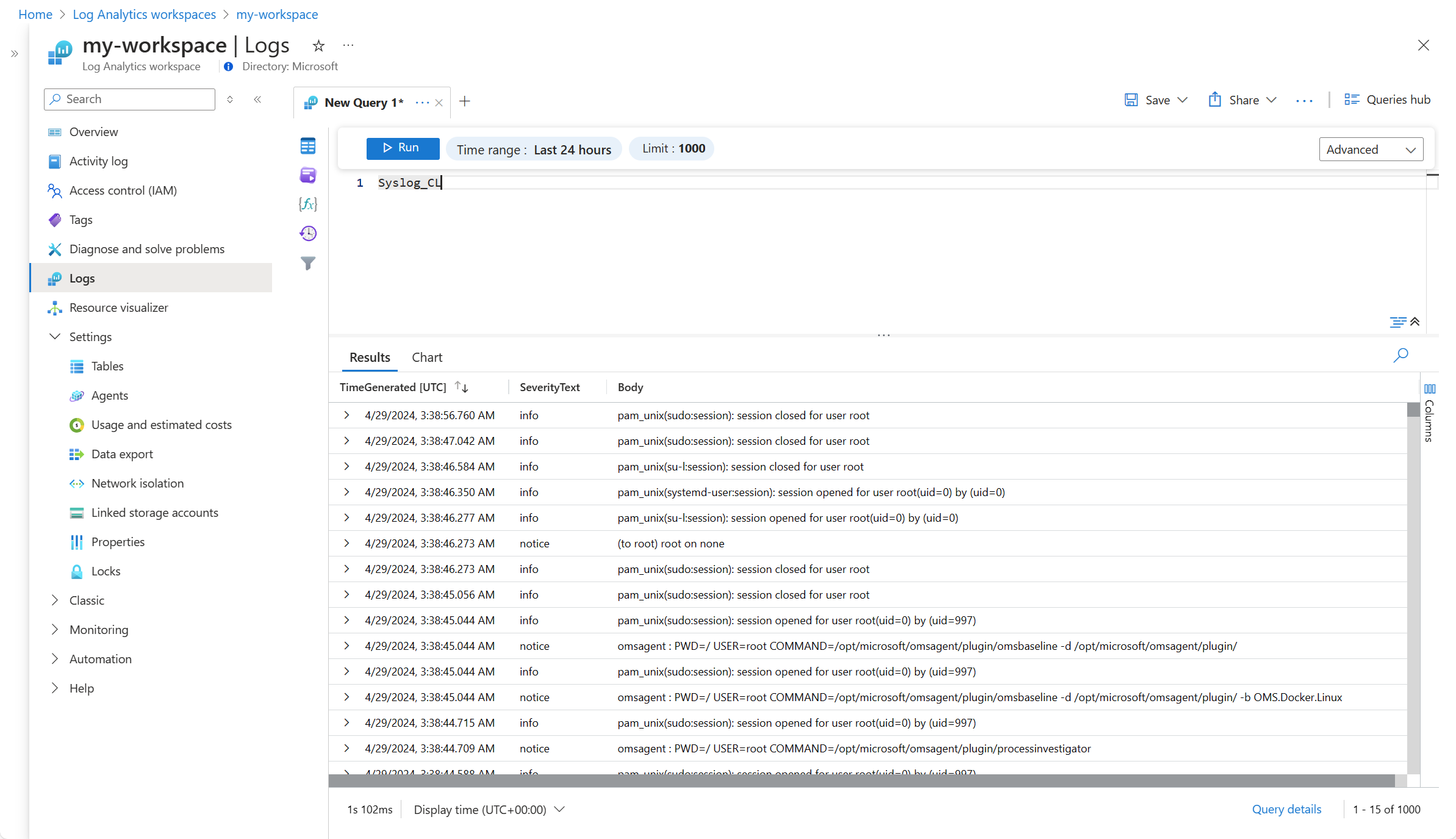 Screenshot of log query that returns of Syslog collection.