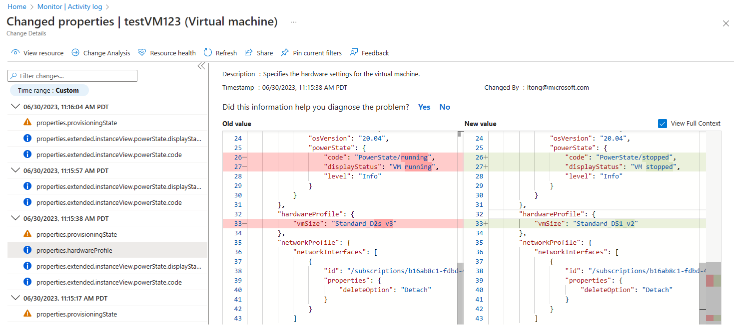 Screenshot that shows the Change history page showing differences.