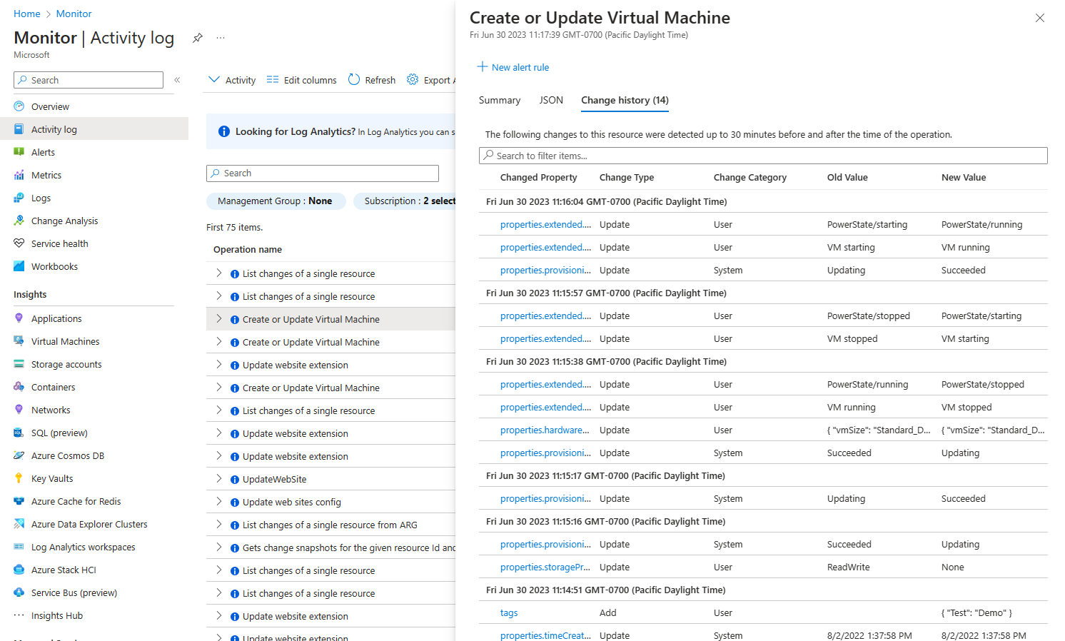 Screenshot that shows the Change history list for an event.