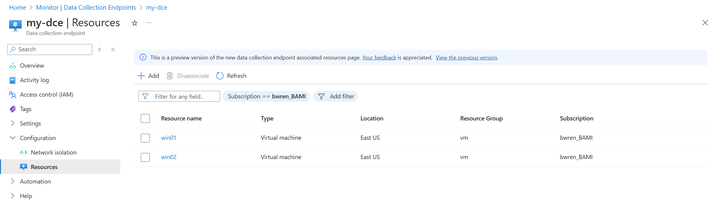 Screenshot resources for a DCE in the Azure portal.