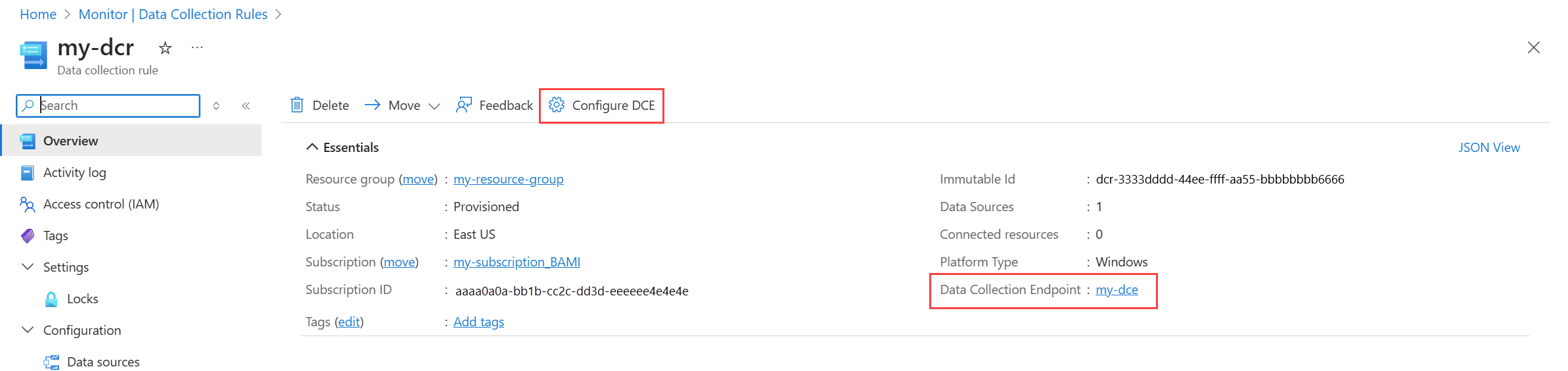 Screenshot showing DCR overview page with DCE.