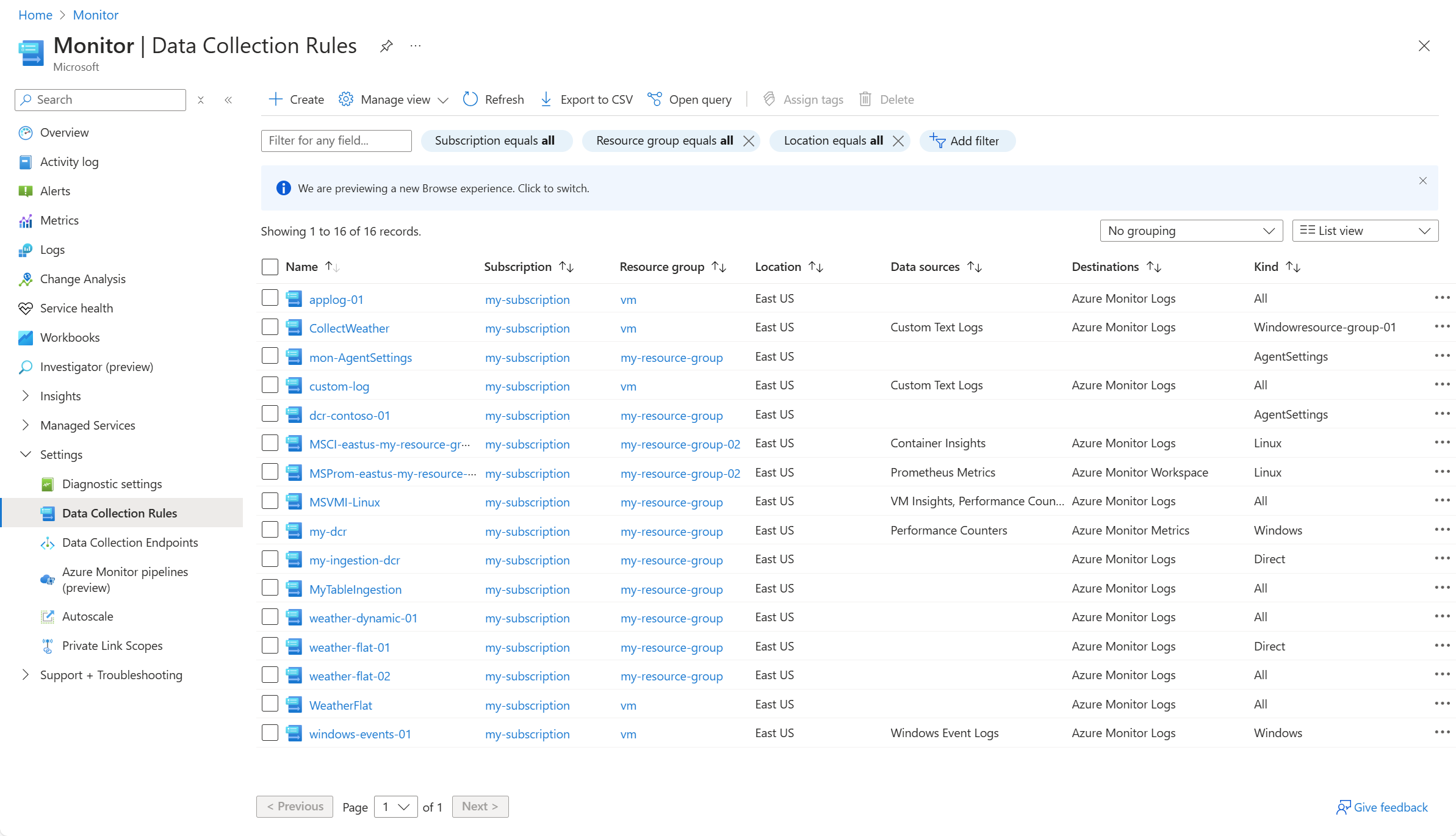 Screenshot that shows DCRs in the Azure portal.