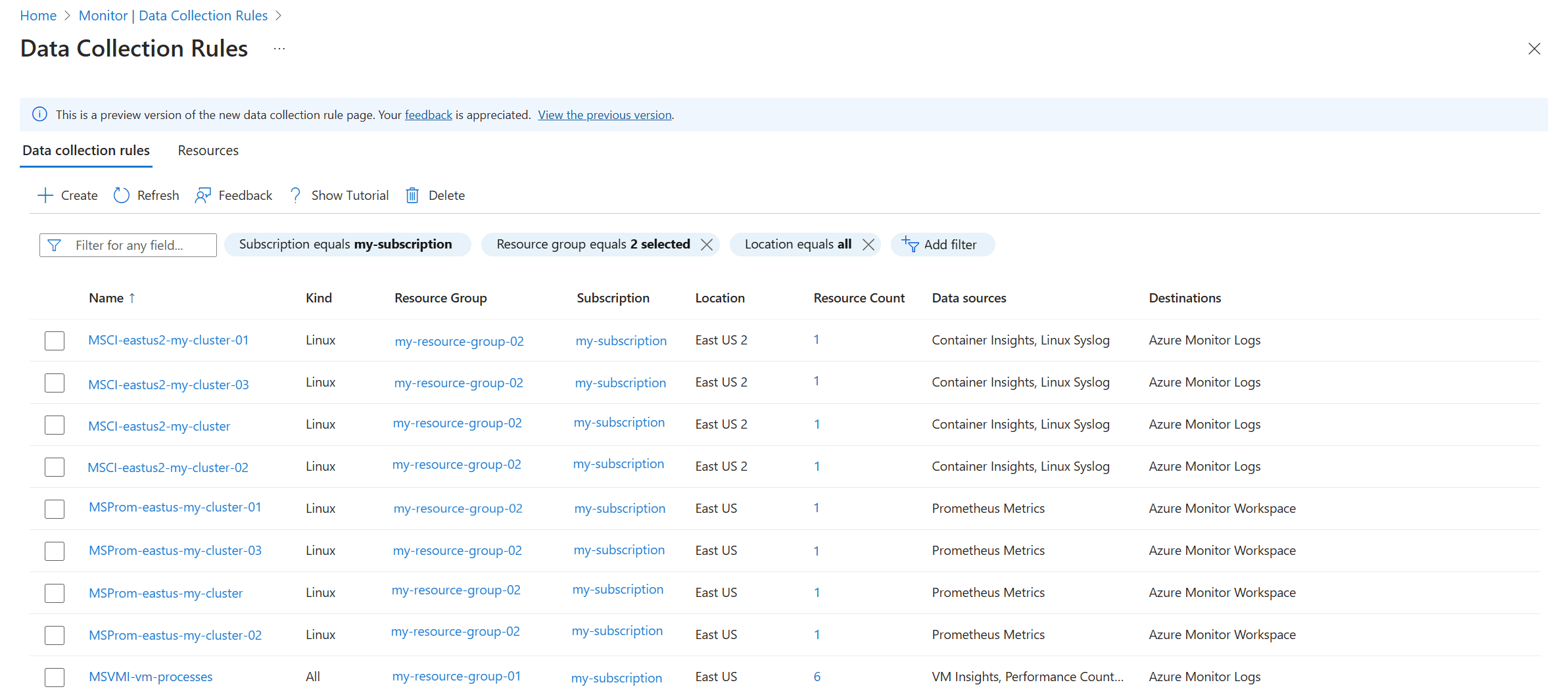 Screenshot of data collection rules view in the preview experience for DCRs in the Azure portal.