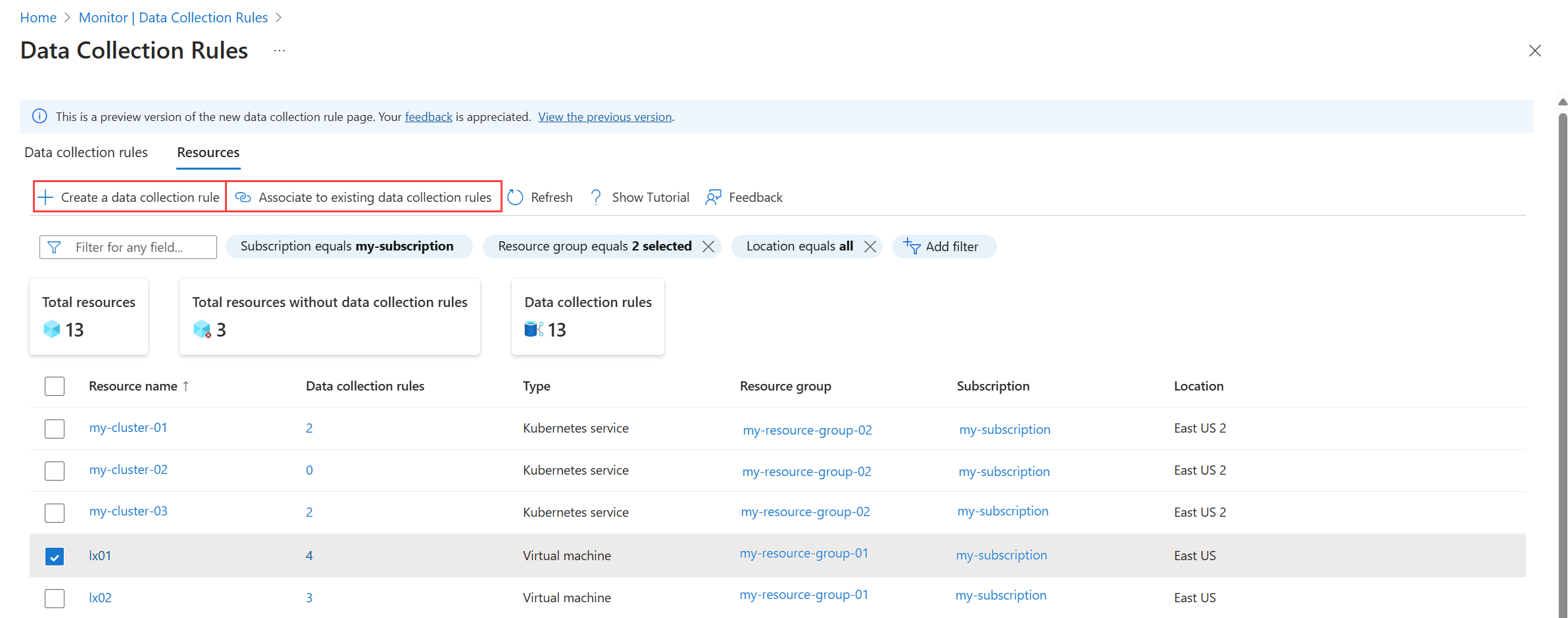 Screenshot of the create association button in the resources view in the preview experience for DCRs in the Azure portal.
