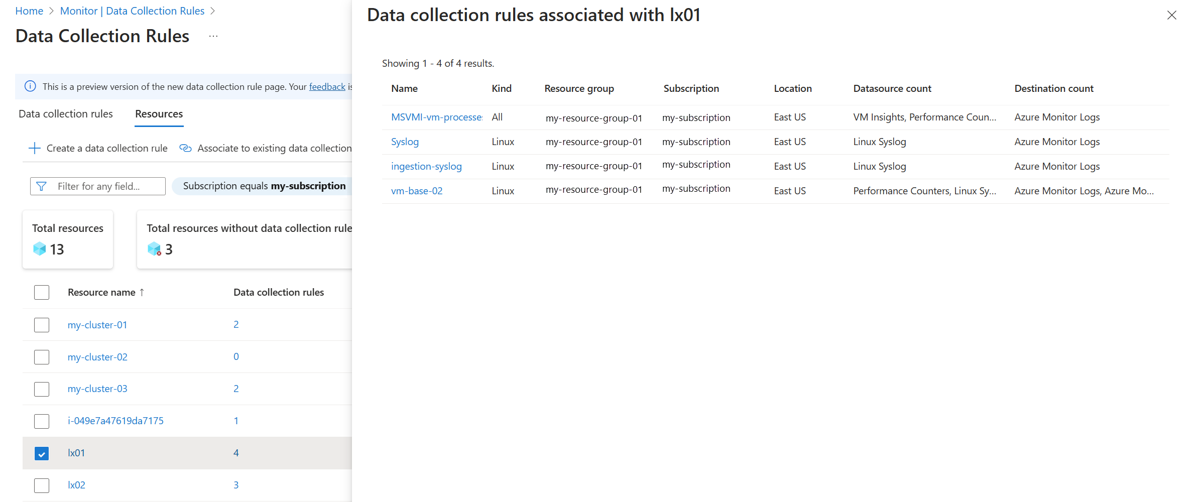 Screenshot of the DCR associations for a resource in the resources view in the preview experience for DCRs in the Azure portal.