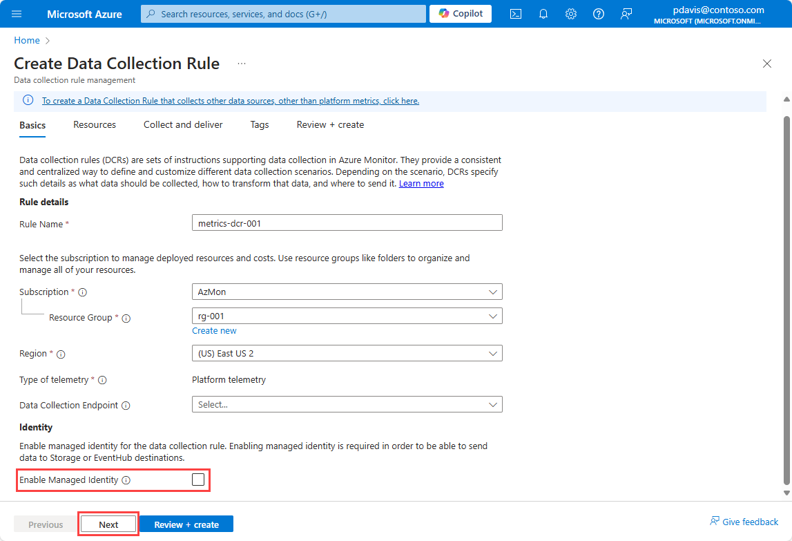 A screenshot showing the basics tab of the create data collection rule page.