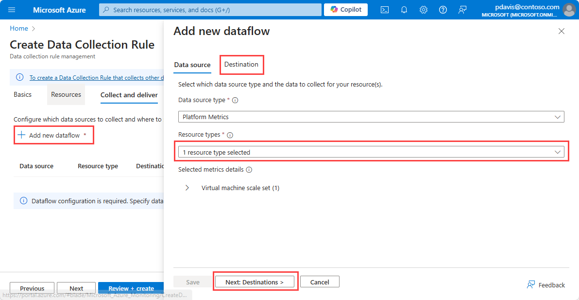 A screenshot showing the collect and deliver tab of the create data collection rule page.