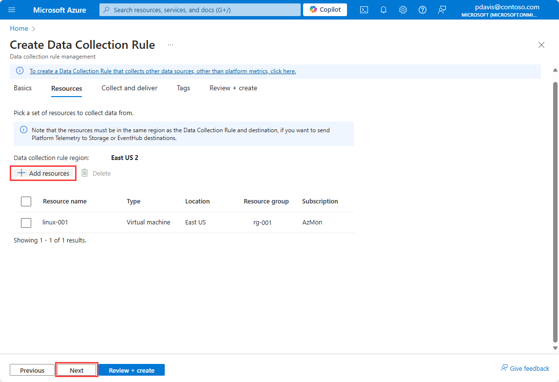A screenshot showing the resources tab of the create data collection rule page.