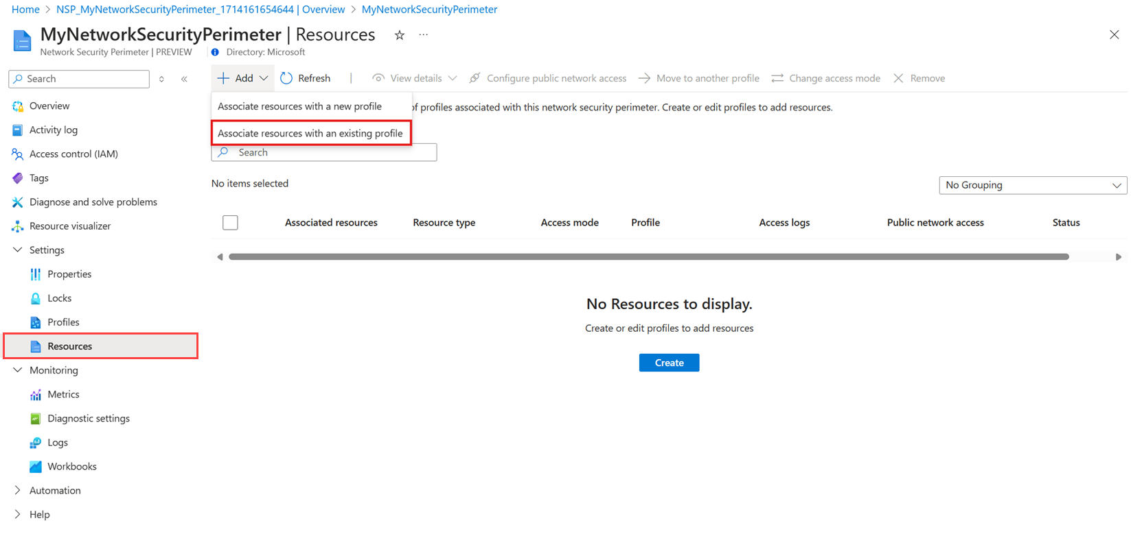 Screenshot of associating a resource with a network security perimeter profile in the Azure portal.