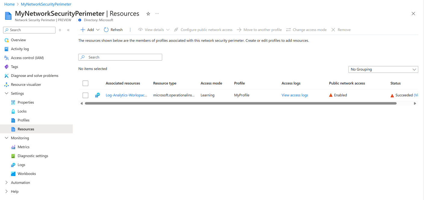 Screenshot of associating a workspace with a network security perimeter profile in the Azure portal.