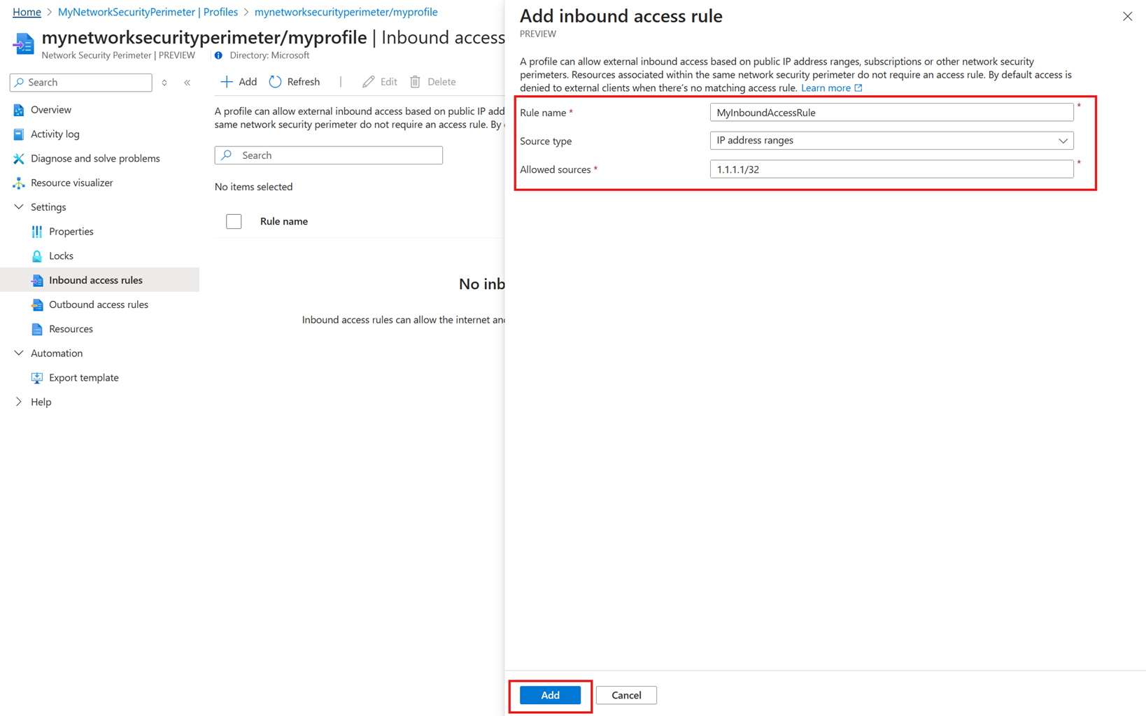Screenshot of network security perimeter profile new inbound access rule in the Azure portal.