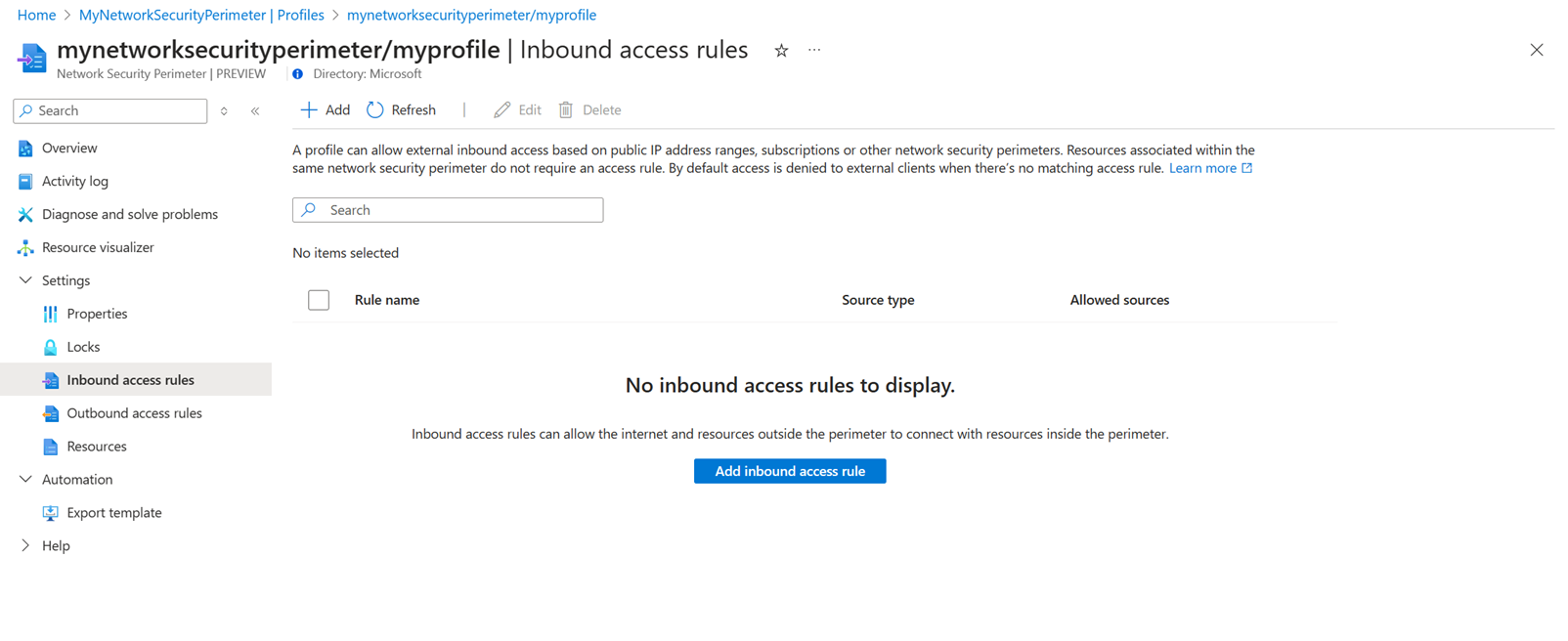 Screenshot of network security perimeter profile inbound access rules in the Azure portal.