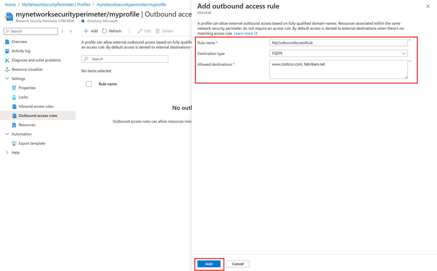 Screenshot of network security perimeter profile new outbound access rule in the Azure portal.