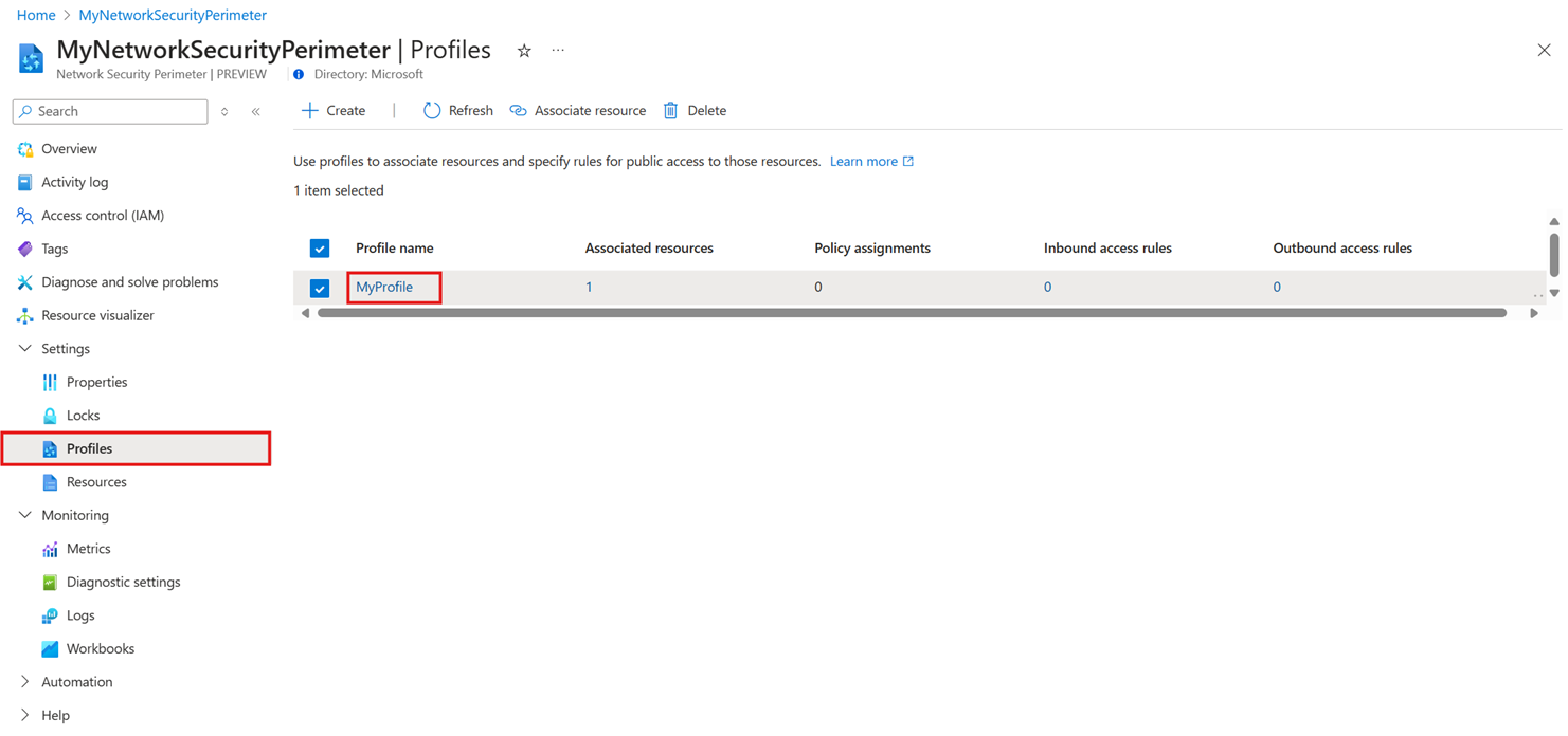 Screenshot of network security perimeter profiles in the Azure portal.