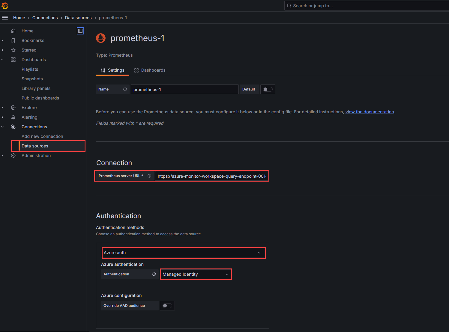 Screenshot that shows configuration for Prometheus data source.