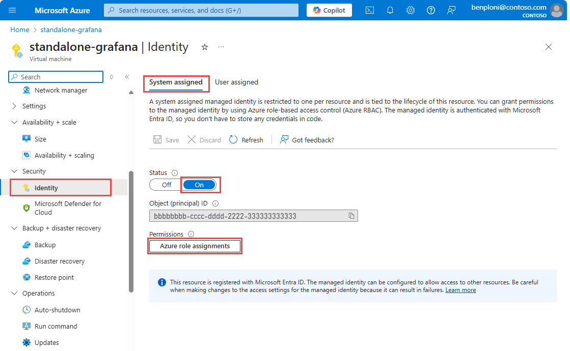 Screenshot that shows the identity page for a VM.