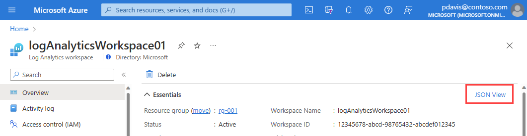 A screenshot showing the overview page for a resource with the JSON view link highlighted.