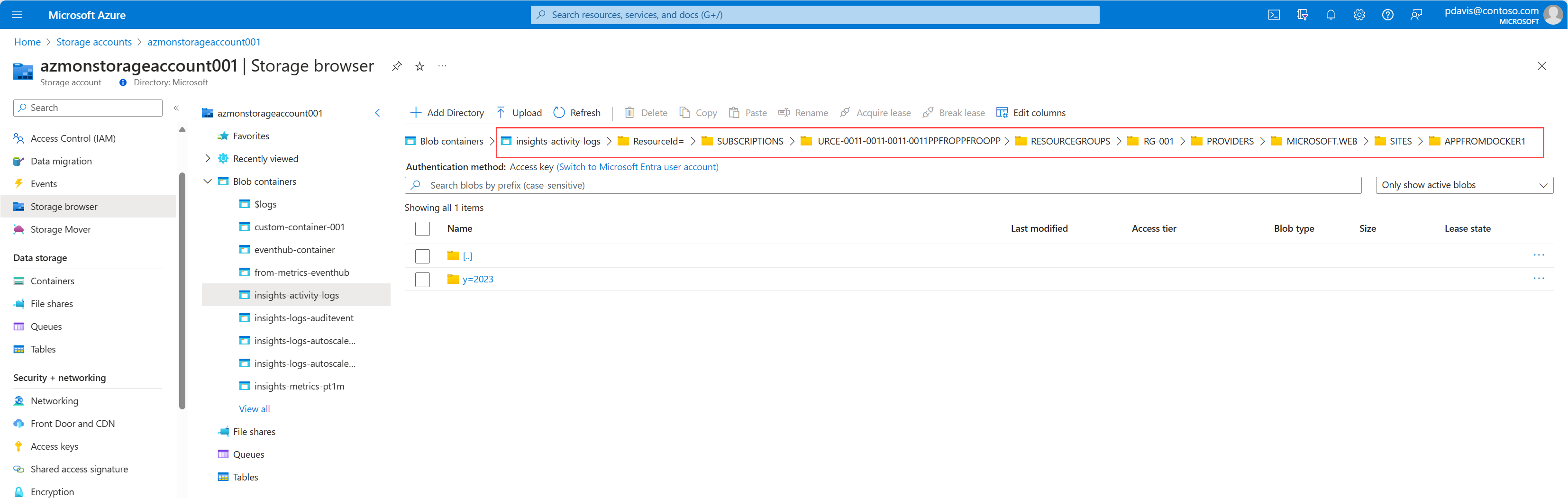 A screenshot showing the Storage browser and resource path.