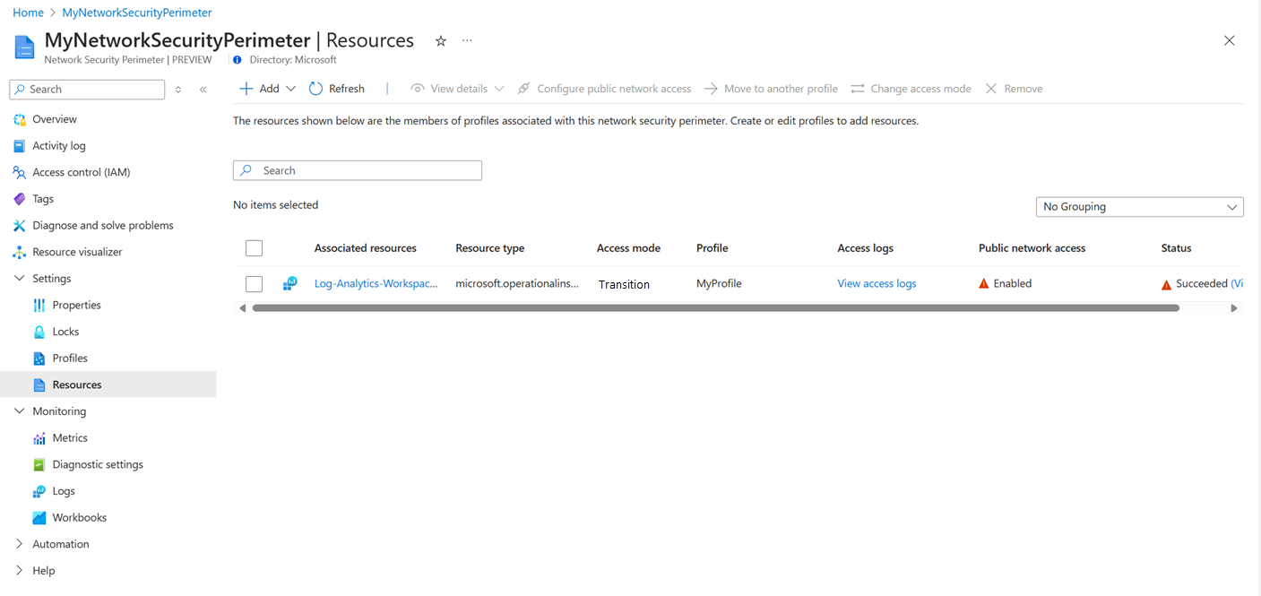 Screenshot of associating a workspace with a network security perimeter profile in the Azure portal.