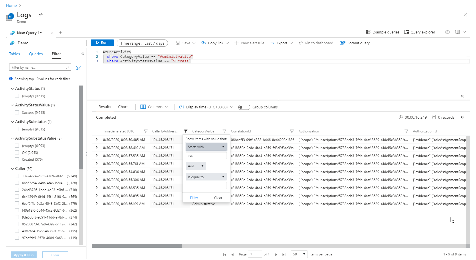 Screenshot that shows a query results filter.