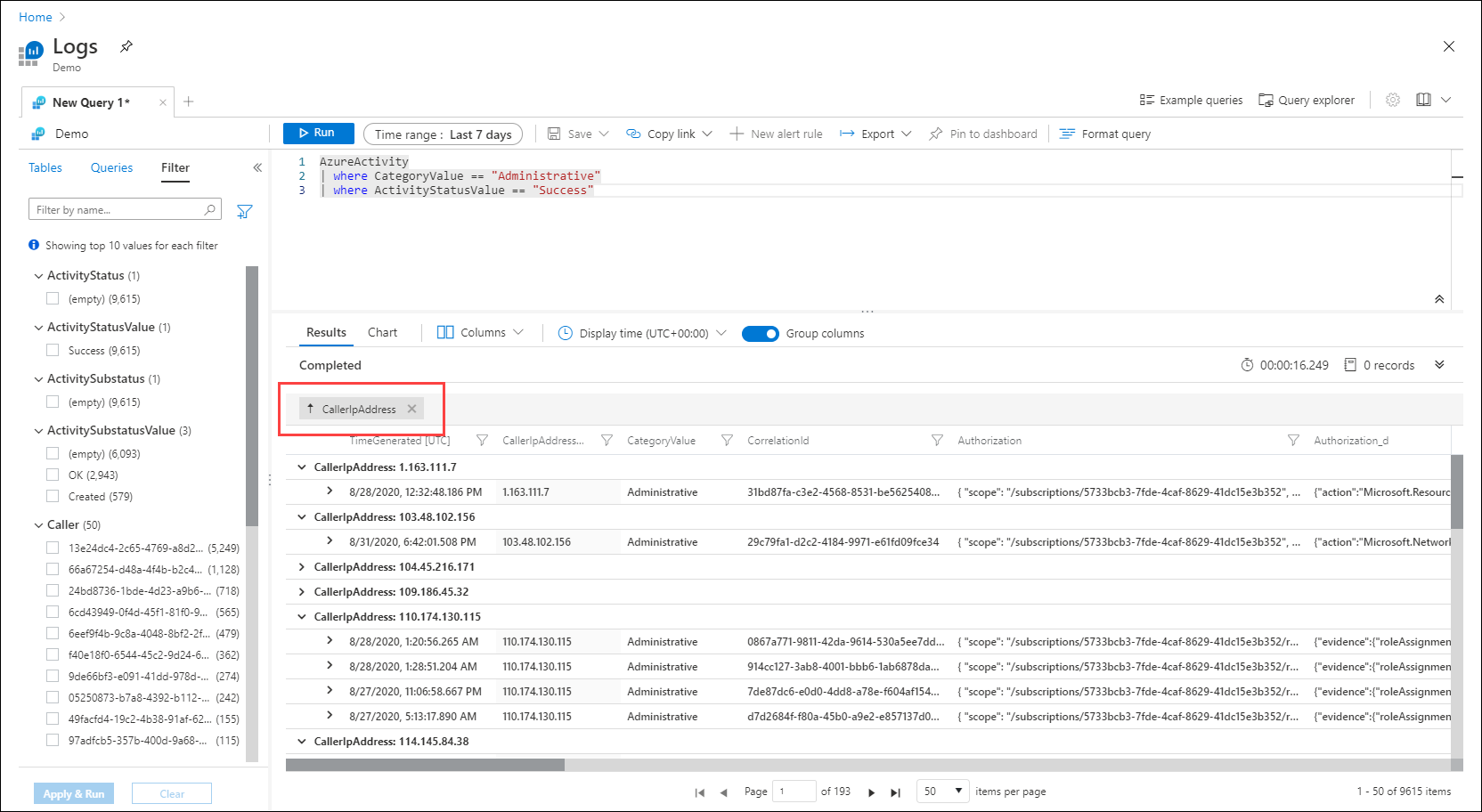 Screenshot that shows query results grouped by URL.